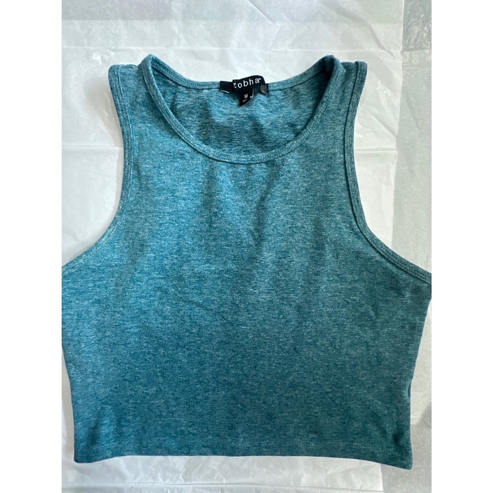 Zobha Womens Heathered Teal Blue Space Dye High Neck Athletic Crop Tank Top M